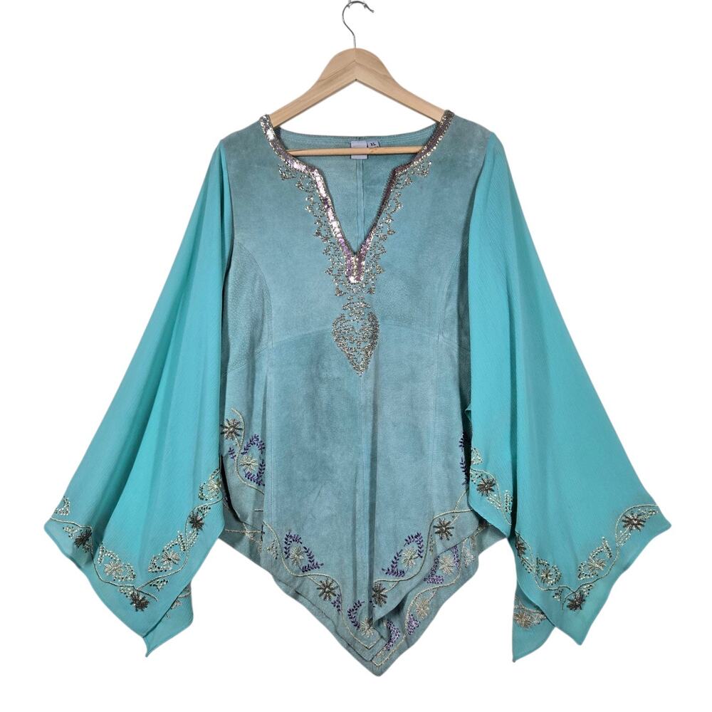 Vintage Wilsons Leather Maxima Turquoise Suede Sequin Poncho Top XL
